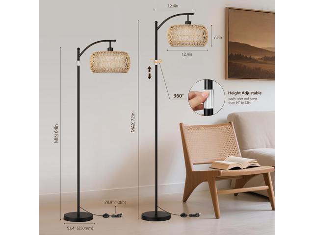 ROTTOGOON Rattan Floor Lamps for Living Room, Boho Standing Lamps with Rattan& Linen Double Shades, Arc Lamps Floor Standing with 9W Bulb, Foot...