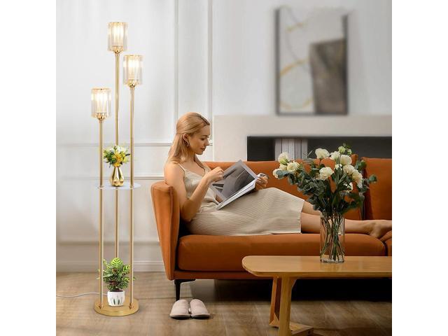 HMVPL Gold Floor Lamps for Living Room, Modern Floor Lamp with Shelves, Crystal Standing Lamps with Table, Brass Tall Lamp with Crystal Shade,...