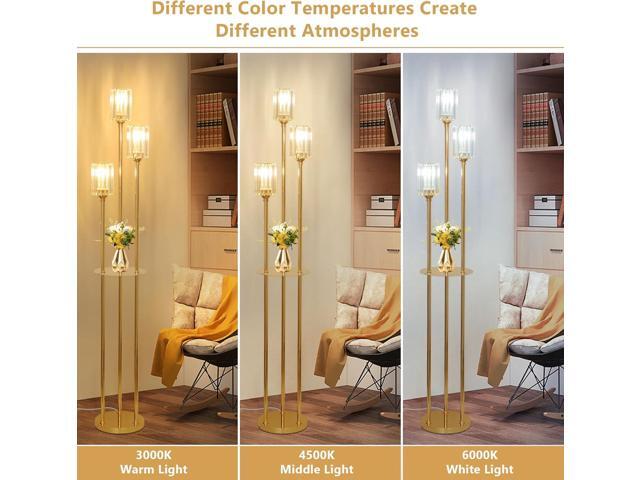 HMVPL Gold Floor Lamps for Living Room, Modern Floor Lamp with Shelves, Crystal Standing Lamps with Table, Brass Tall Lamp with Crystal Shade,...