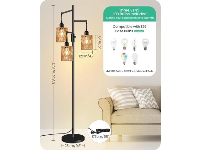 Dimmable Floor Lamp, Farmhouse Tall Standing 70.3' Tree Lamp with 3 Rope Woven Lampshades, Boho Rattan Floor Lights, 4W 3 LED Bulbs Included, for...