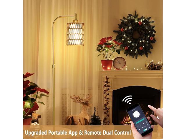 Modern Gold Floor Lamps for Living Room, Boho Rattan Floor Lamp with Remote & Dimmable LED Bulb, Farmhouse Standing Lamp with Rattan Shades,...