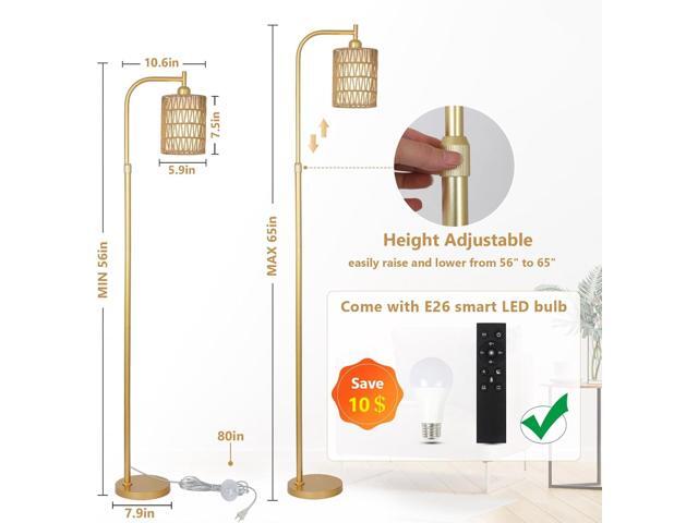 Modern Gold Floor Lamps for Living Room, Boho Rattan Floor Lamp with Remote & Dimmable LED Bulb, Farmhouse Standing Lamp with Rattan Shades,...