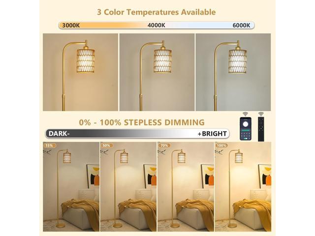 Modern Gold Floor Lamps for Living Room, Boho Rattan Floor Lamp with Remote & Dimmable LED Bulb, Farmhouse Standing Lamp with Rattan Shades,...