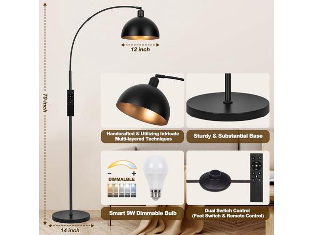 UpgradedBlack Arc Floor Lamps for Living Room - Dimmable Arched Floor Lamp with Remote Control & 2700-6000K 9W LED Bulb Included, Modern Arch...
