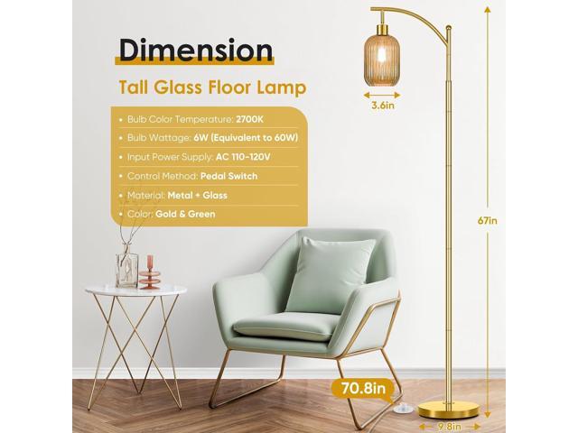 Glass Floor Lamp for Living Room, Modern Gold Standing Lamp with Ribbed Glass Lampshade Pedal Switch, 67 Tall Lamp for Bedroom Study Room