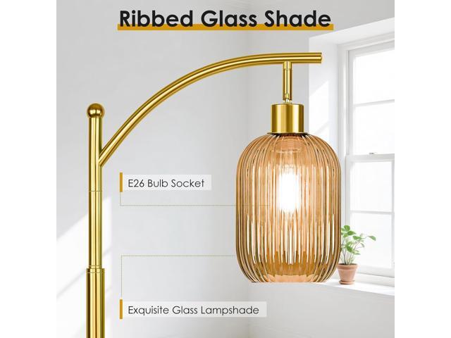 Glass Floor Lamp for Living Room, Modern Gold Standing Lamp with Ribbed Glass Lampshade Pedal Switch, 67 Tall Lamp for Bedroom Study Room