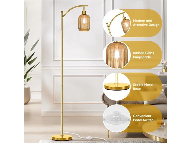 Glass Floor Lamp for Living Room, Modern Gold Standing Lamp with Ribbed Glass Lampshade Pedal Switch, 67 Tall Lamp for Bedroom Study Room