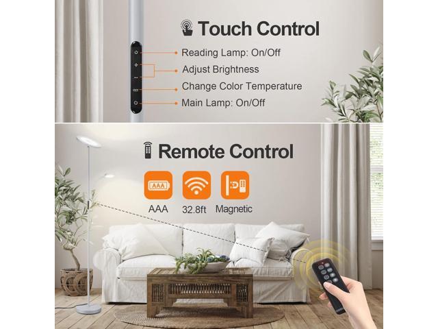 OUTON LED Floor Lamp, 27W/2400LM Torchiere Lamp & 7W/ 400LM Reading Lamp, Bright Dimmable Standing Tall Lamp with 4 Color Temperature, Remote Touch...
