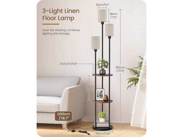 70.9' Floor Lamp with Shelves, Modern Floor Lamp with 3 Linen Shades and Foot Switch, 3-Light Standing Lamp, for Living Room, Bedroom, Study,...