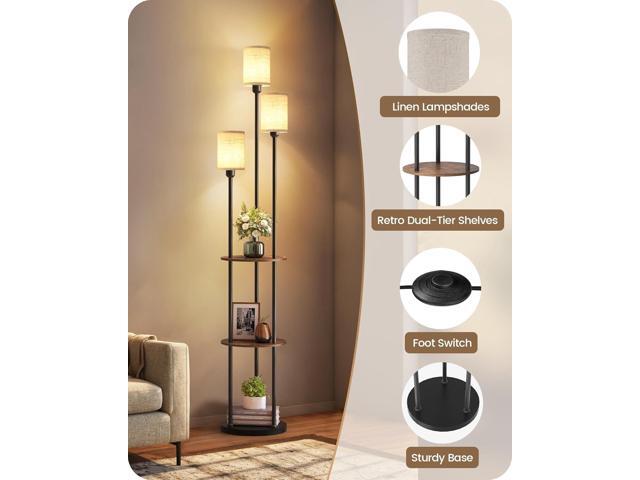 70.9' Floor Lamp with Shelves, Modern Floor Lamp with 3 Linen Shades and Foot Switch, 3-Light Standing Lamp, for Living Room, Bedroom, Study,...