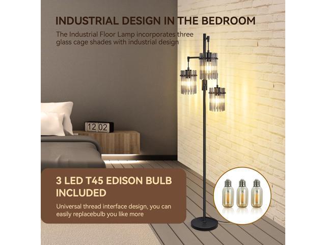 Industrial Modern Floor Lamps for Living Room, Dimmable Glass Tree Standing Tall Lamps with 3 Elegant Teardrop Cage Head & 800 Lumens LED Bulbs for...