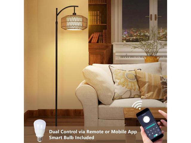 Arc Floor Lamps for Living Room, Dimmable Rattan Floor Lamp with Remote & LED Bulb, Mid Century Modern Standing Lamp with Double Shades, Boho...