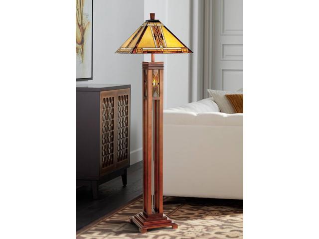 Robert Louis Tiffany Mission Rustic Tiffany Style Floor Lamp with Night Light 62.5' Tall Walnut Wood Column Square Geometric Stained Glass Shade...
