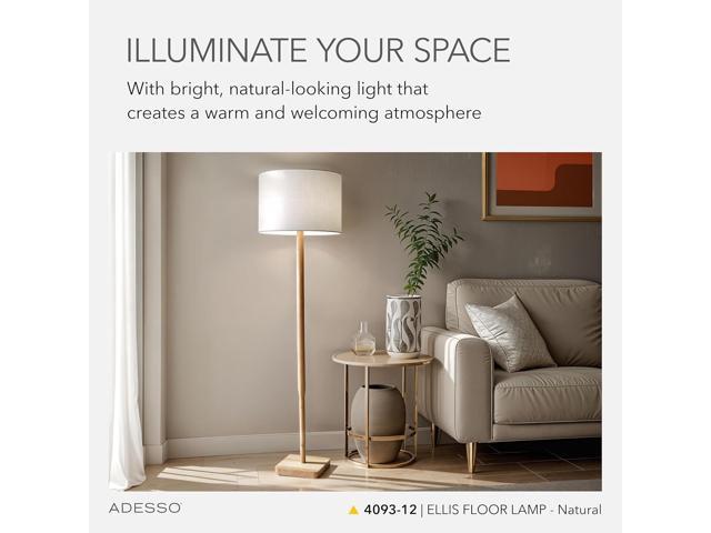 Adesso Floor Lamp with Natural Rubberwood Base and White Linen Lampshade 3-Way Adjustable Brightness, Lamp for Bedroom, Living Room, and House...