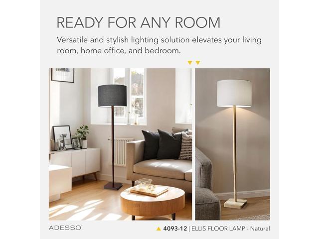 Adesso Floor Lamp with Natural Rubberwood Base and White Linen Lampshade 3-Way Adjustable Brightness, Lamp for Bedroom, Living Room, and House...