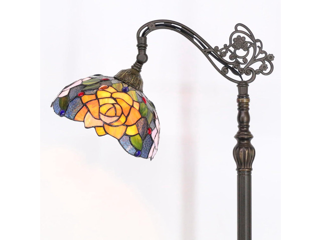 Tiffany Floor Lamp Stained Glass Orange Red Rose Arched Reading Light Gooseneck Adjustable Corner Standing Lamp 10X16X64 Inch for Bedroom Living...