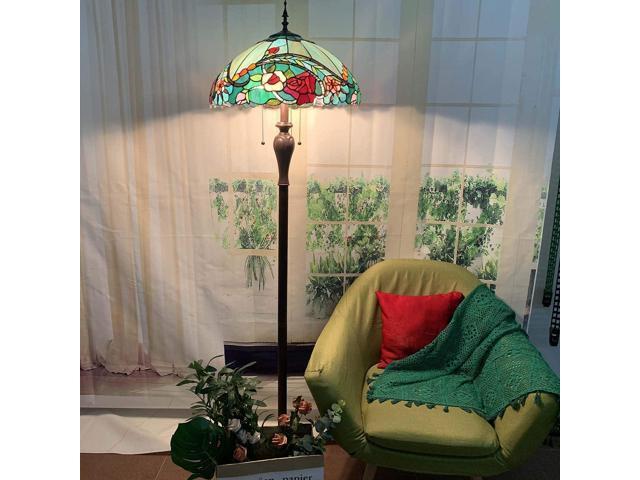 Bieye L10740 Rose Flower Tiffany Style Stained Glass Floor Lamp with 18-inch Wide Shade for Reading Working Bedroom, 3 Lights, 65 inch Tall