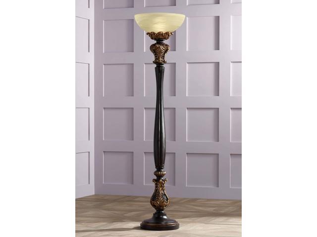 Barnes and Ivy Rita Traditional Victorian Torchiere Floor Lamp 75' Tall Carved Wood Amber Glass Shade Foot Dimmer Standing Light for Living Room...