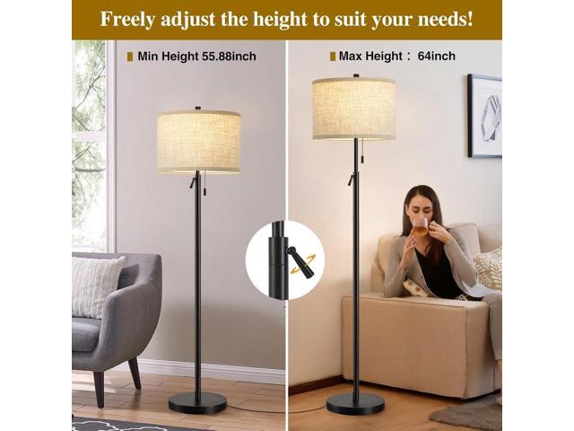 GyroVu Black Floor Lamp, Height Adjustable Standing Lamp Tall Lamp with Fabric Lampshade & Pull Chain Corner Floor Lamps for Living Room, Bedroom &...