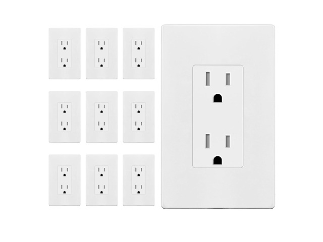 ENERLITES 10 Pack White Decorator Receptacle with Screwless Wall Plate, Standard Electrical Wall Outlet, 15A 125V, Self-Grounding, 2-Pole, 3-Wire,...