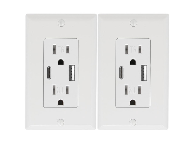 2 Pack - POWAWINI Wall Outlet 15 Amp, UL Listed, USB C & USB A Port, Self-Test with LED Indicator, Tamper-Resistant Receptacle with Decor Wall...