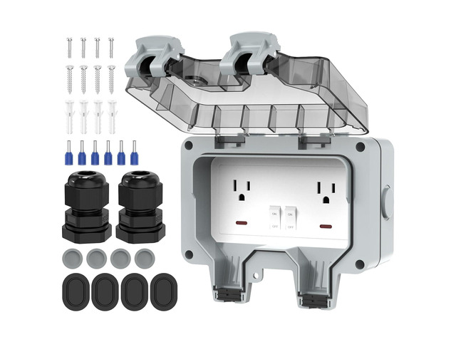 Outdoor Outlet Box, IP66 Waterproof Outdoor Outlet Box with Lockable Cover & LED Indicator (Double Plug Socket)