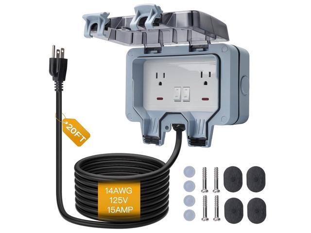 STARELO Outdoor Power Outlet with 20FT Extension Cord, IP66 Waterproof Outdoor Wall Power Socket with Cover, 125V 15Amp 2-Gang Switched Wall Plug...