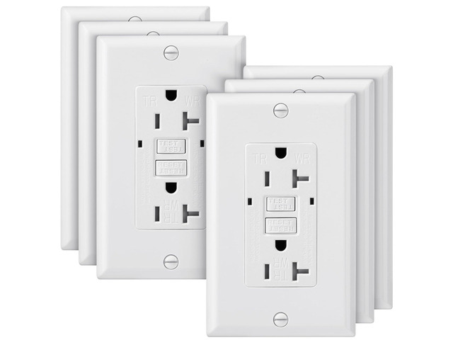 Bates- Self-Test GFCI Outlet 20 Amp, 6 Pack, 20 Amp GFCI Outlet White with LED Indicator and Wall Plate, UV-Resistant, UL Listed