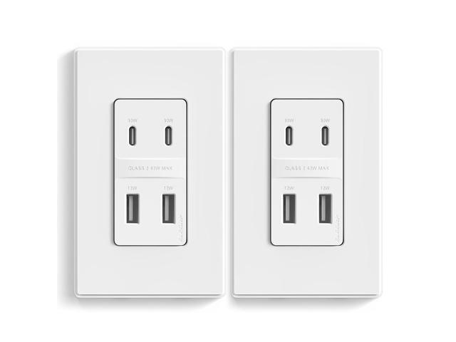 ELEGRP 42W Fast Charge & Power Delivery 4-Port USB Charger, Wall Outlet with 4 USB Ports, UL/CUL Listed, Wall Plate Included, 2 Pack, Matte White