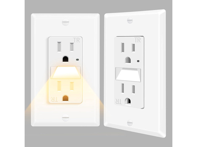 2 Pack Wall Outlet with Auto-Induction LED Night Light, 15A Tamper-Resistant Outlet, ETL Certified, 0.1W Energy-Efficient LED, Ideal for Hallways,...