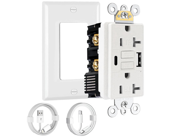 20 Amp GFCI Outlet with USB-C & USB-A Ports and Cables, Self-Test GFCI Electrical Outlet, Tamper-Resistant, Screwless Wall Plate Included, Thinner...