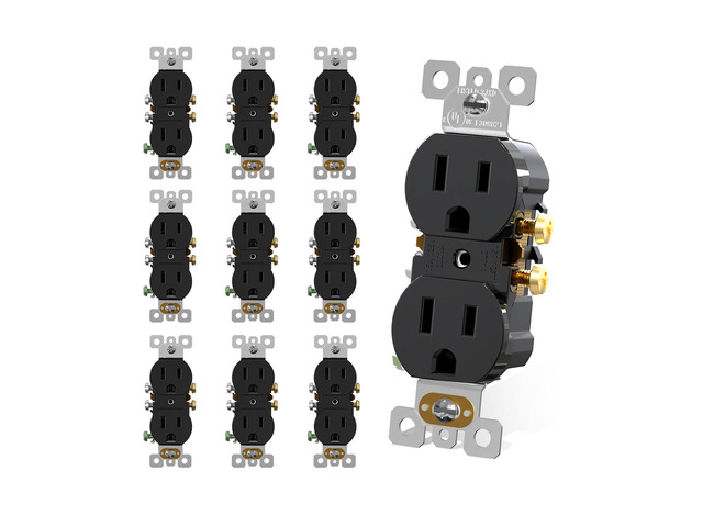 AIDA Duplex Receptacle Wall Outlet, Residential, 3-Wire, Self-Grounding, 15Amp 125V, UL Listed, Push & Side Wire, Black (10 Pack)