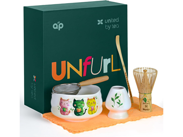 Aprika Life Matcha Whisk Set 6 Pcs - Ceramic Matcha Bowl, Bamboo Whisk, Matcha Whisk Holder, Scoop, Sifter & Tea Cloth - Traditional Handmade...