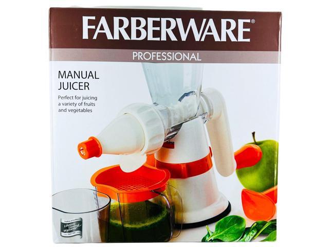 FARBERWARE Professional Hand Crank Manual Juicer, White/Orange - Efficient Citrus Juicer with Non-Slip Base and Separate Pulp & Juice Nozzles for...