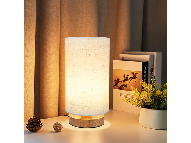 Small Bedside Table Lamp for Bedroom, Minimalist Wood Base & Round Fabric Shade, Mini Cute Cozy Warm White Nightstand Boho Lamp, Study Desk Night...