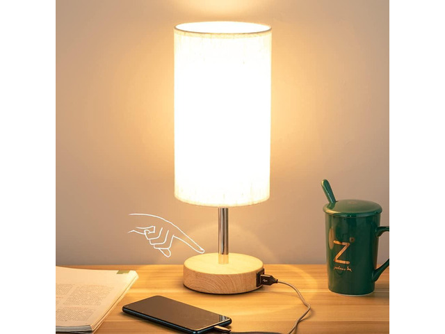 Bedside Table Lamp with USB Ports - Touch Control for Bedroom 3 Way Dimmable Nightstand Lamp with Round Fabric Shade for Living Room, Dorm, Home...