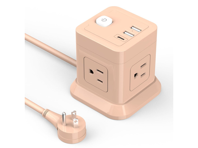 Cube Power Strip with USB C, 4 Outlets 3 USB 5 FT Extension Cord Pink Flat Plug Design Widely Spaced Outlets with USB C Space Saving Design for...