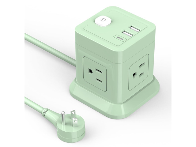 Cube Power Strip USB C, 4 Outlets 3 USB 5 FT Extension Cord Green Space Saving Cube Shape Widely Spaced Outlets with USB C Port Flat Plug Power...