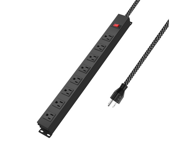 8 Outlet Metal Power Strip with Switch 1200J 10FT 14AWG Braided Cord Wide Spaced Moutable for Home Office Industrial Garage Commercial