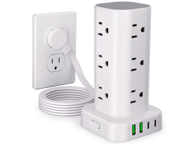 6FT Power Strip Tower Surge Protector, 12 Wide Spaced Outlets, 4 USB 16-in-1 Desktop Charging Station with 2USB-C, 2USB-A, Flat Plug, 6FT Cord,...