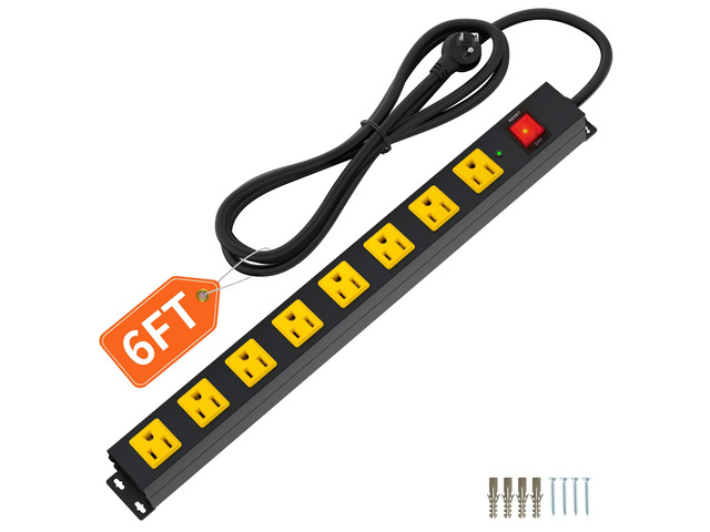 8 Outlet Long Power Strip, 2100J Surge Protector Heavy Duty 6FT Cord Wide Spaced and Wall Mount Metal Powerstrip for Home Office Garage Workshop