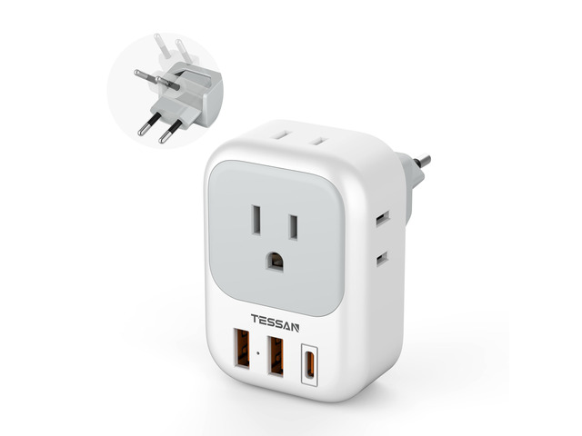 European Travel Plug Adapter Type C 4 Outlets and 3 USB (1 USB C PD 20W), International Foldable Plug, For EU Spain France Italy Germany Portugal...
