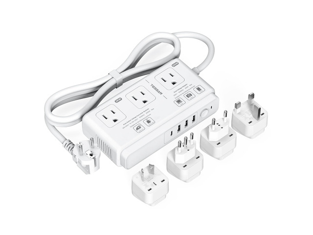 220V to 110V Voltage Converter, Universal Travel Adapter 4 USB Charger (1 USB C), 3 AC Sockets, EU/UK/AU/IT Plug Power Adaptor, Step Down...