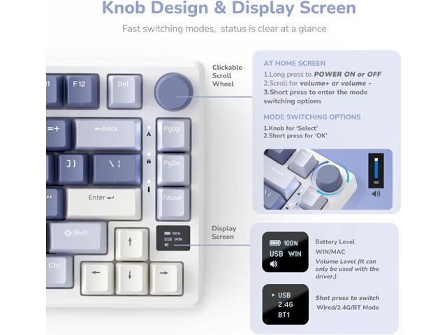 RK ROYAL KLUDGE M75 Mechanical Keyboard with OLED Smart Display and Volume Knob, 2.4G/USB-C/BT Gasket Mounted 75% Layout Wireless Gaming Keyboard...