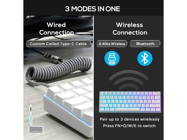 RK ROYAL KLUDGE RK61 60% Mechanical Keyboard with Coiled Cable, 2.4Ghz/Bluetooth/Wired, Wireless Bluetooth Mini Keyboard 61 Keys, RGB Hot Swappable...