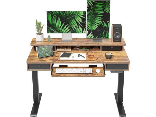 FEZIBO Height Adjustable Electric Standing Desk with 4 Drawers and Keyboard Tray, 48 x 24 Inch Table with Storage Shelf, Sit Stand Desk with Splice.