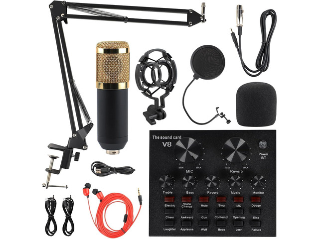 Condenser Microphone Bundle, Live Sound Card, Adjustable Boom Arm, Shock Mount, 
