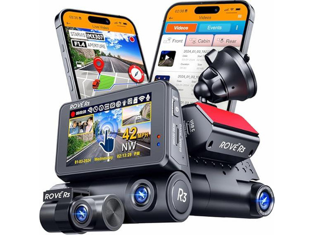 ROVE R3 Dash Cam Front and Rear with Cabin, 3 IPS Touch Screen, 3 Channel Dash Cam 1440P+1080P+1080P Car Camera with IR Nigh