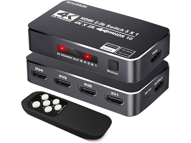 4K HDR HDMI Switch, Koopman 5 Ports 4K 60Hz HDMI 2.0 Switcher Selector with IR Remote, Supports Ultra HD Dolby Vision, High Speed (Max to...