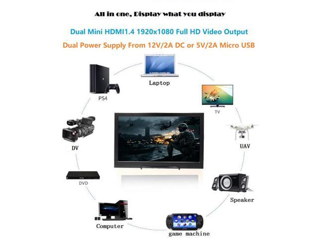 15.6' 1920x1080 Full HD IPS Portable Monitor 1080p HDR with Mini HDMI x 2 / 3.5mm Headphone / Micro USB Ports, 5V/2A Micro USB or 12V/2A DC Power...